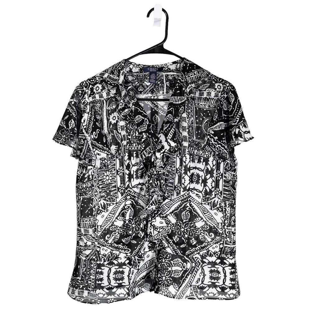 Chaps Ralph Lauren Women's Blouse White Black Floral Ruffle Short Sleeve Top L